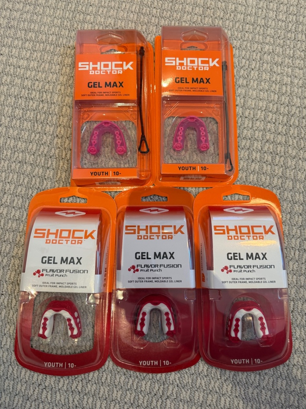 5 Shock Doctor Gel Max Youth Mouthguard – 2 Pink & 3 Red and White